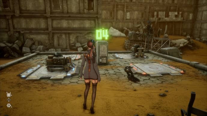 Eve standin in front of a trolly puzzle in the Great Desert to get the Haven Milk Tea Can in Stellar Blade.
