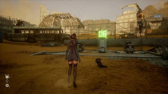 Eve standin in front of a trolly puzzle in the Great Desert to get the Haven Milk Tea Can in Stellar Blade.