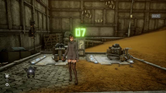 Eve standin in front of a trolly puzzle in the Great Desert to get the Haven Milk Tea Can in Stellar Blade.