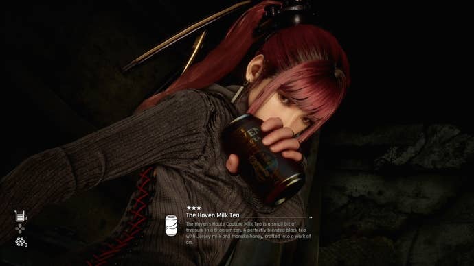 Eve from Stellar Blade holding a Can up to the camera.