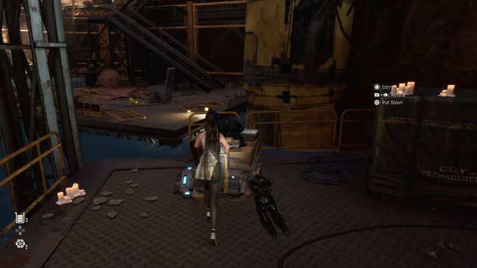 Eve pushing a trolly onto a Switch at the Plant area in Stellar Blade.