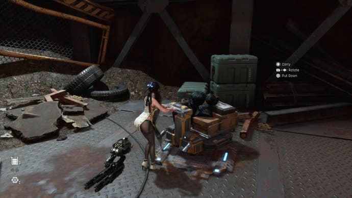 Eve pushing a trolly onto a Switch at the Plant area in Stellar Blade.