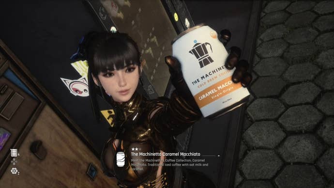 Eve from Stellar Blade holding up a Can to the camera.
