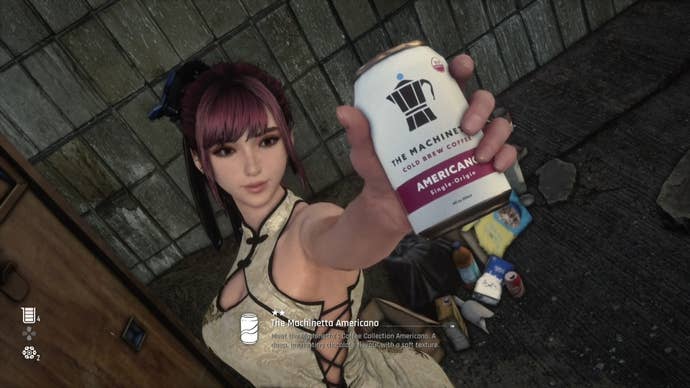 Eve from Stellar Blade holding up a Can to show the camera.