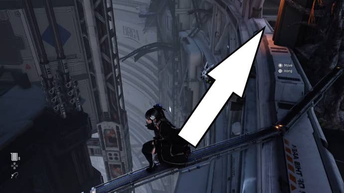 Eve balancing on a platform with an arrow pointing to a platform behind her.