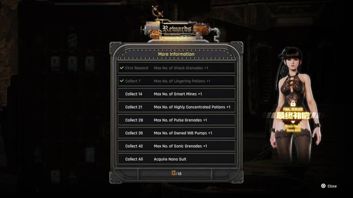 Menu view of the Can rewards in Stellar Blade, with a preview of the Black Pearl outfit on Eve.