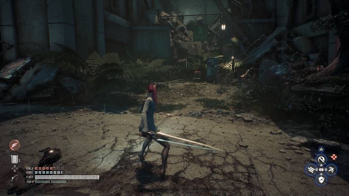 Eve from Stellar Blade looking at a Camp in the Eidos 7 area.