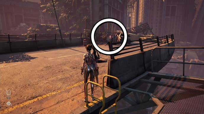 Eve from Stellar Blade looking at a Camp in the Eidos 7 area.