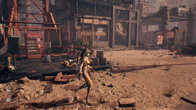 Eve from Stellar Blade looking at a Camp in the Eidos 7 area.