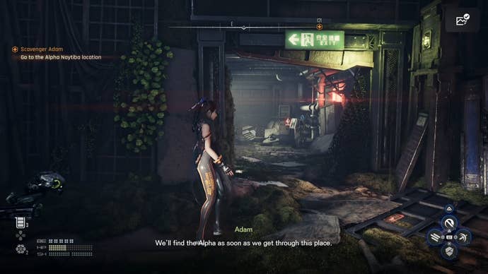 Eve from Stellar Blade looking at a Camp in the Eidos 7 area.