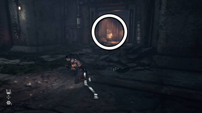 Eve from Stellar Blade looking at a Camp in the Eidos 7 area.