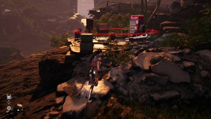 Eve from Stellar Blade looking at a Camp in the Eidos 7 area.