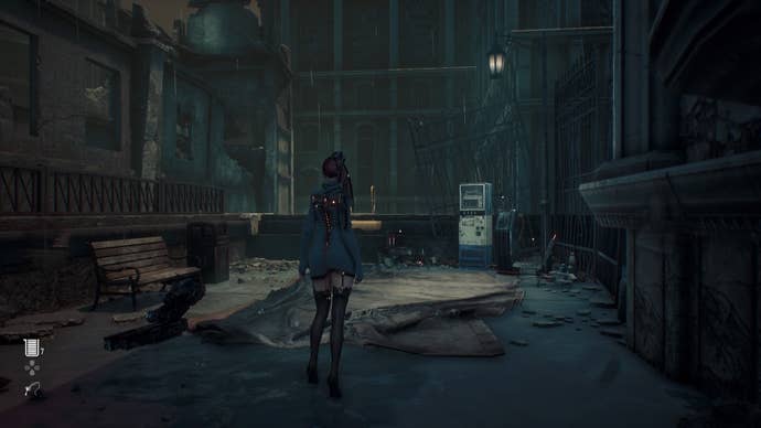 Eve from Stellar Blade looking at a Camp in the Eidos 7 area.