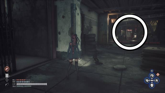 Eve from Stellar Blade looking at a Camp in the Eidos 7 area.