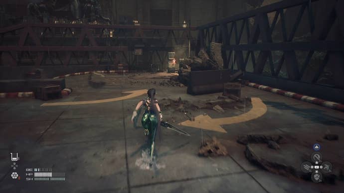 Eve from Stellar Blade looking at a Camp in the Eidos 7 area.