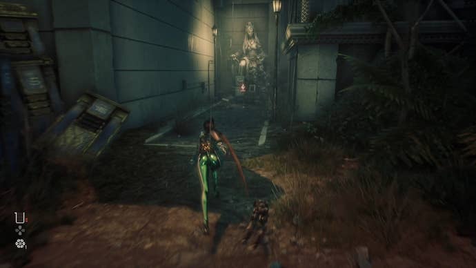 Eve from Stellar Blade looking at a Camp in the Eidos 7 area.