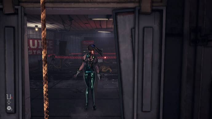 Eve from Stellar Blade looking at a Camp in the Eidos 7 area.