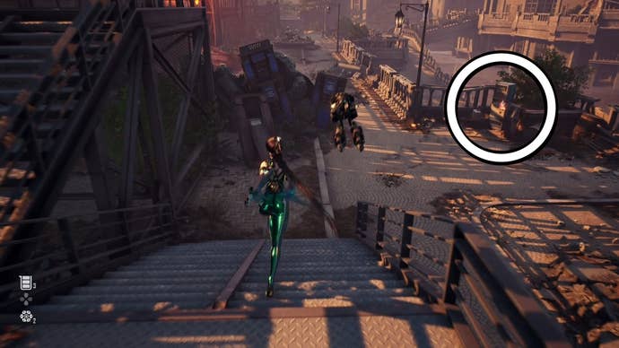 Eve from Stellar Blade looking at a Camp in the Eidos 7 area.