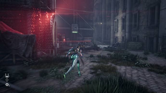 Eve from Stellar Blade looking at a Camp in the Eidos 7 area.