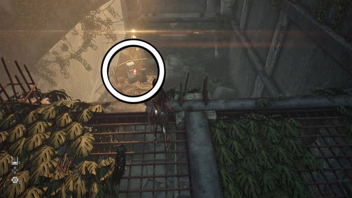 Eve from Stellar Blade looking at a Camp in the Eidos 7 area.