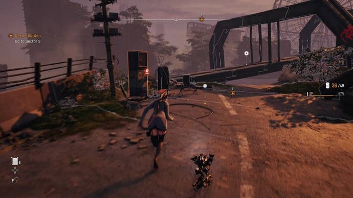 Eve from Stellar Blade looking at a Camp in the Eidos 9 area.