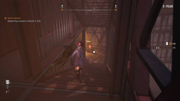 Eve from Stellar Blade looking at a Camp in the Eidos 9 area.