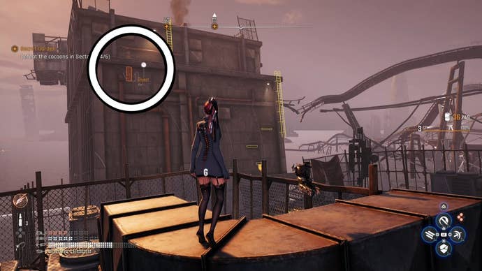 Eve from Stellar Blade looking at a Camp in the Eidos 9 area.