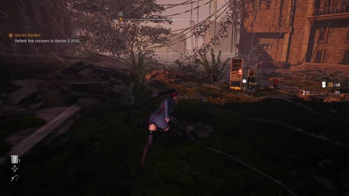 Eve from Stellar Blade looking at a Camp in the Eidos 9 area.