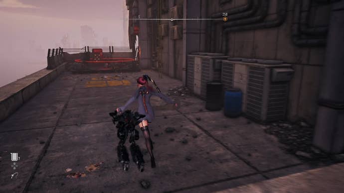 Eve from Stellar Blade looking at a Camp in the Eidos 9 area.