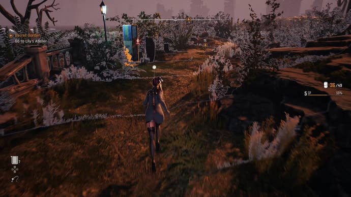 Eve from Stellar Blade looking at a Camp in the Eidos 9 area.