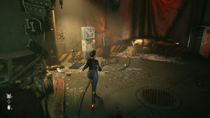 Eve from Stellar Blade looking at a Camp in the Matrix 11 area.