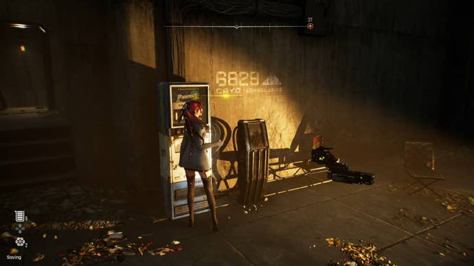 Eve from Stellar Blade looking at a Camp in the Matrix 11 area.