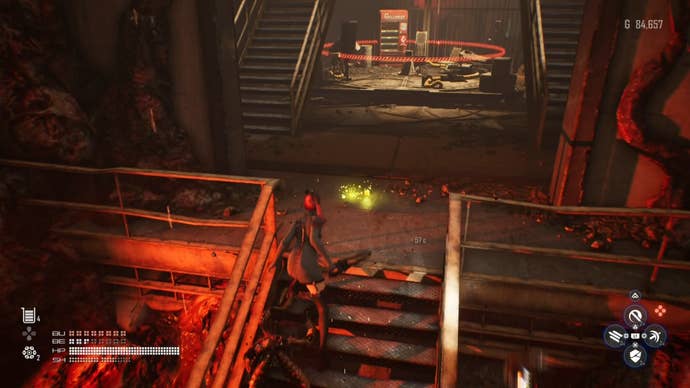 Eve from Stellar Blade looking at a Camp in the Matrix 11 area.