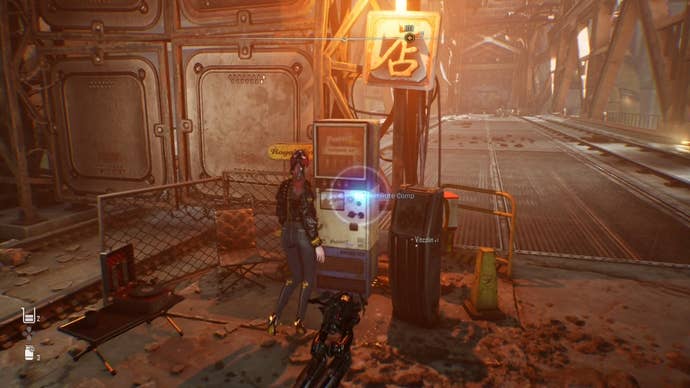 Eve from Stellar Blade looking at a Camp in the Matrix 11 area.