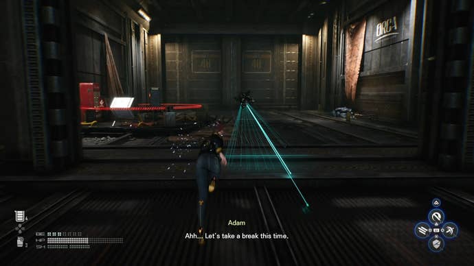 Eve from Stellar Blade looking at a Camp in the Matrix 11 area.