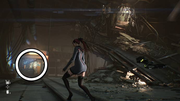 Eve from Stellar Blade looking at a Camp in the Matrix 11 area.