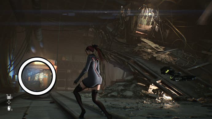 Eve from Stellar Blade looking at a Camp in the Matrix 11 area.
