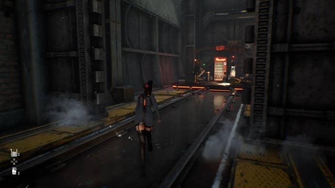 Eve from Stellar Blade looking at a Camp in the Matrix 11 area.