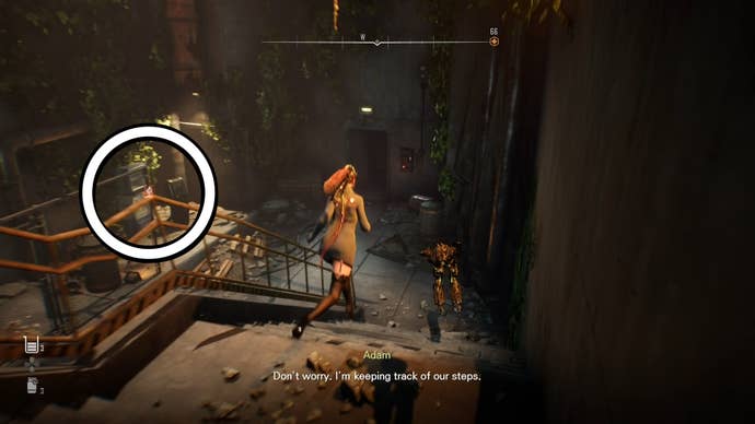 Eve from Stellar Blade looking at a Camp in the Matrix 11 area.