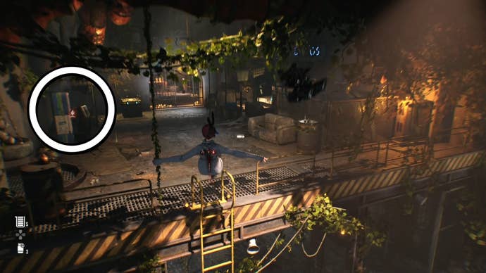 Eve from Stellar Blade looking at a Camp in the Matrix 11 area.