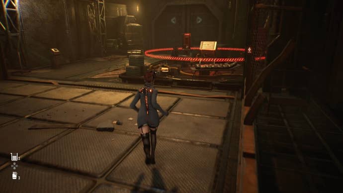 Eve from Stellar Blade looking at a Camp in the Matrix 11 area.