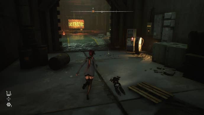 Eve from Stellar Blade looking at a Camp in the Matrix 11 area.