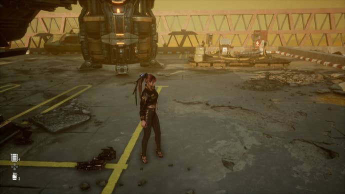 Eve from Stellar Blade looking at a Camp in the Matrix 11 area.