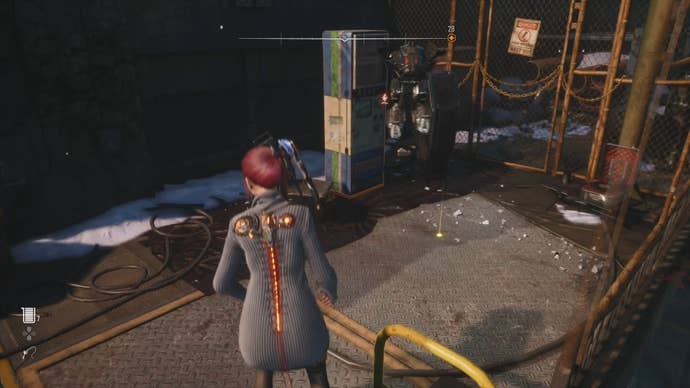 Eve from Stellar Blade looking at a Camp in the Spire 4 area.