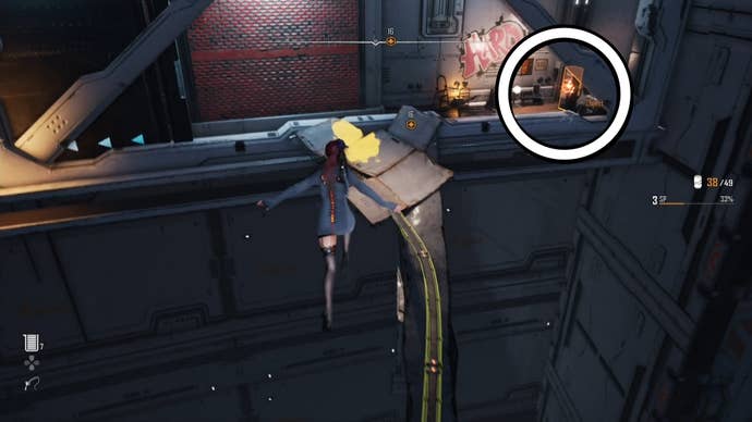 Eve from Stellar Blade looking at a Camp in the Spire 4 area.