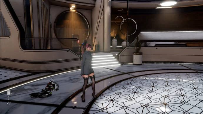 Eve from Stellar Blade looking at a Camp in the Spire 4 area.