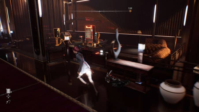 Eve from Stellar Blade looking at a Camp in the Spire 4 area.