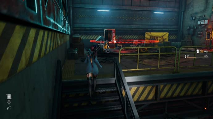 Eve from Stellar Blade looking at a Camp in the Spire 4 area.