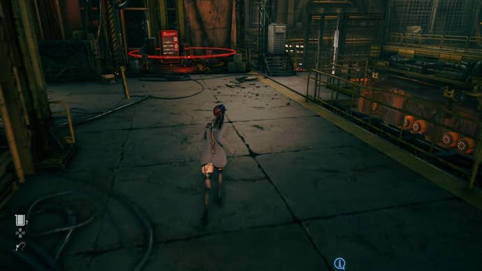 Eve from Stellar Blade looking at a Camp in the Spire 4 area.