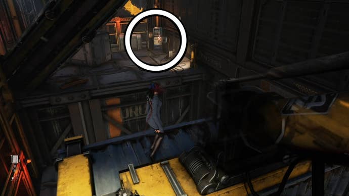 Eve from Stellar Blade looking at a Camp in the Spire 4 area.